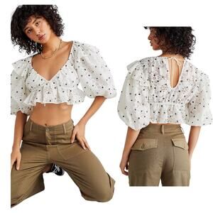 NWT For Love & Lemons Glen Crop Top White Lace Puff Sleeve Size L Large